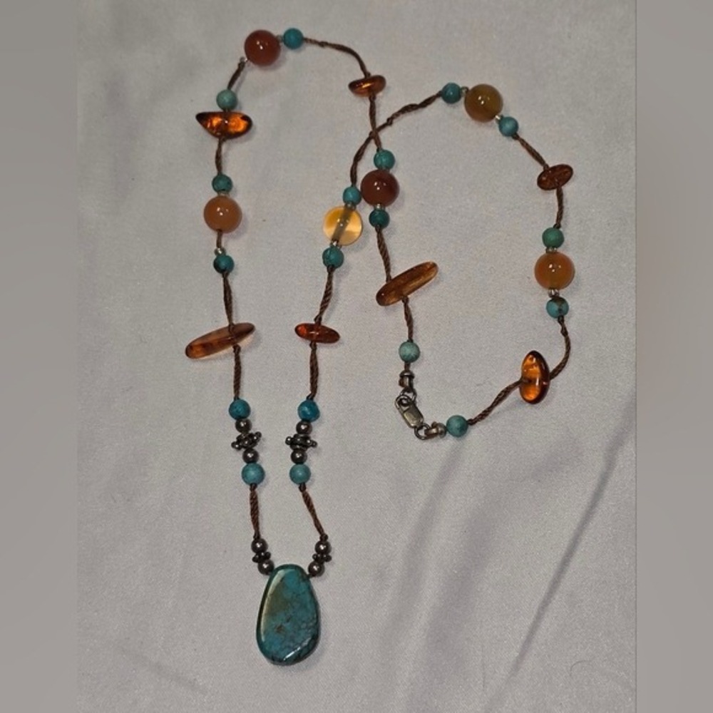 Treska Turquoise Orange Gemstone Beaded Necklace Copper Tone Boho Jewelry - Picture 3 of 7